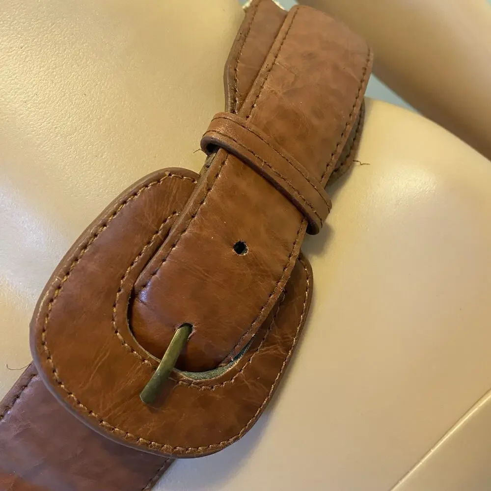 Vintage 90s Y2K Beige Brown Faux Leather Stretch Fairy grunge indie belt L 33”